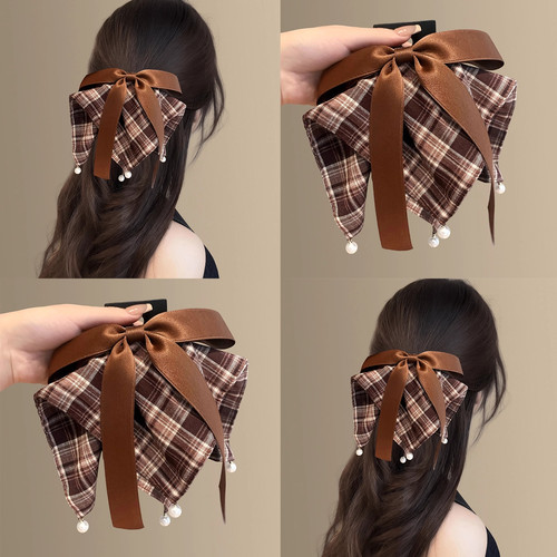 复古格纹蝴蝶结飘带抓夹