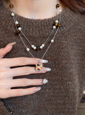 双层虎眼石珠珠小马项链