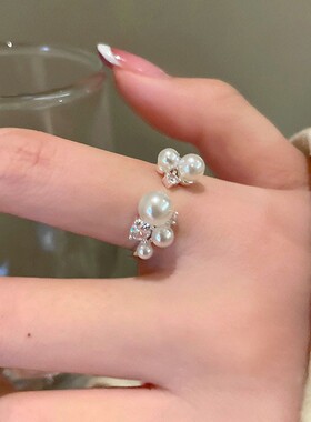东南亚风珍珠花朵可调节开口戒指
