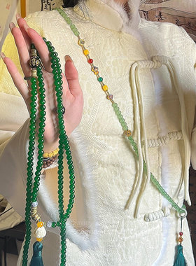 新中式绿玛瑙圆珠流苏项链女