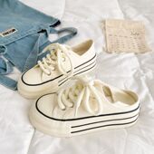 chic百搭小众设计一脚蹬轻便小白鞋 奶白两穿厚底帆布鞋 女2025新款
