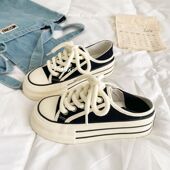 女chic百搭夏季 薄款 板鞋 两穿厚底帆布鞋 轻便一脚蹬懒人半拖小白鞋