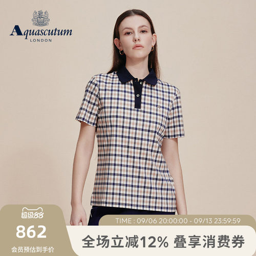 【100%棉】女格纹休闲短袖POLO衫