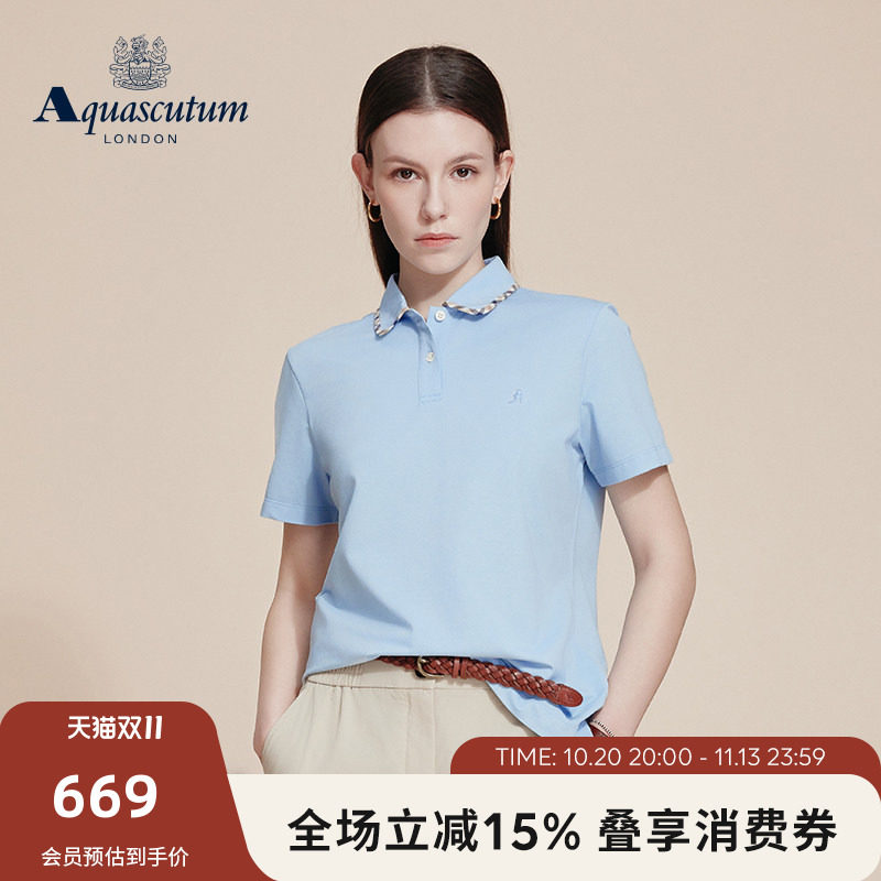 Aquascutum/雅格狮丹2026春夏新品格纹翻领T恤女士商务短袖POLO衫