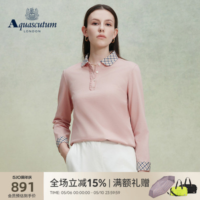 【100%棉】女格纹翻领长袖POLO