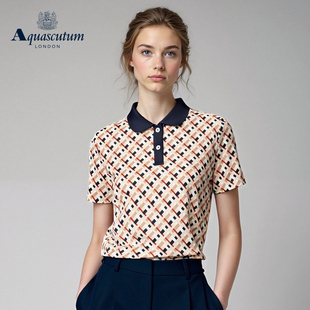 雅格狮丹2025夏季 女时尚 Aquascutum 新品 印花格纹纯棉短袖 POLO衫