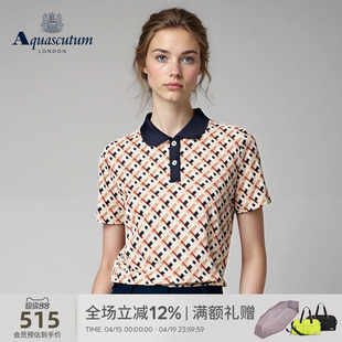 Aquascutum/雅格狮丹夏季新品女时尚印花格纹纯棉短袖POLO衫气质