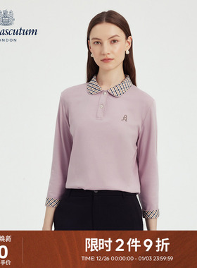 Aquascutum/雅格狮丹2025秋冬新品女纯棉格纹圆领长袖商务POLO衫