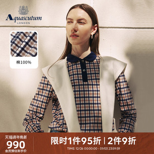 格纹翻领POLO 女英伦风纯棉长袖 Aquascutum 雅格狮丹2025秋冬新品