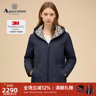 Aquascutum/雅格狮丹冬季新品女士时尚休闲绗缝连帽棉服外套气质