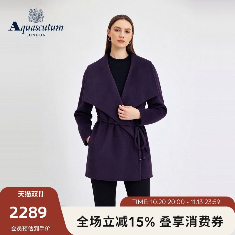 Aquascutum/雅格狮丹2026秋冬新女中长款修身大翻领毛呢大衣外套