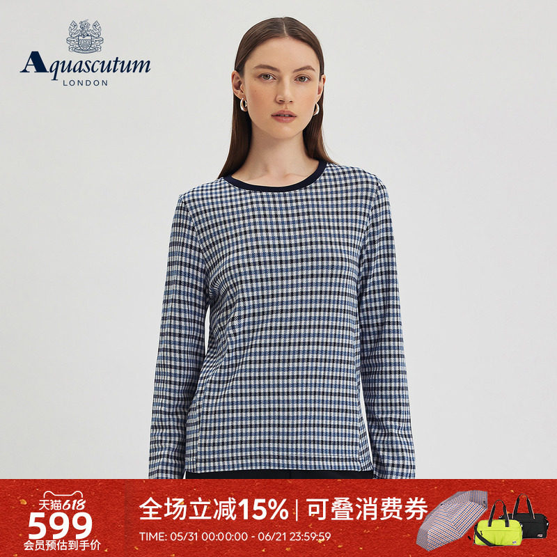 Aquascutum/雅格狮丹秋冬新品女士英伦风格纹荷叶边长袖T恤气质