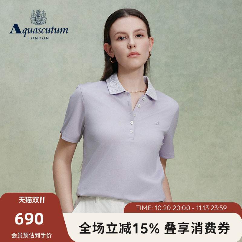 Aquascutum/雅格狮丹春夏新品女士纯棉蕾丝翻领短袖T恤POLO衫气质