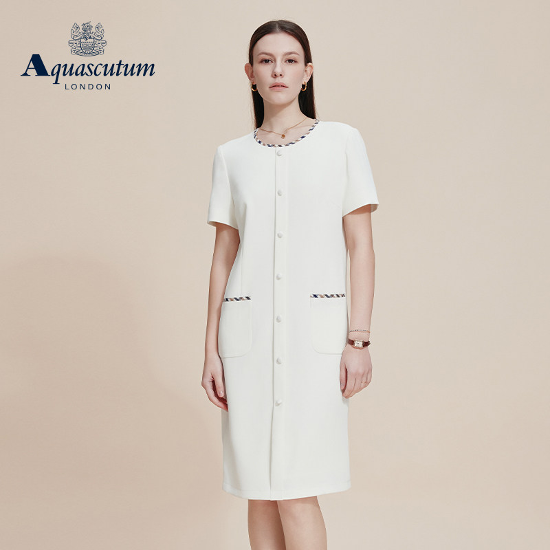 Aquascutum/雅格狮丹春夏新品女连衣裙圆领休闲短袖裙气质