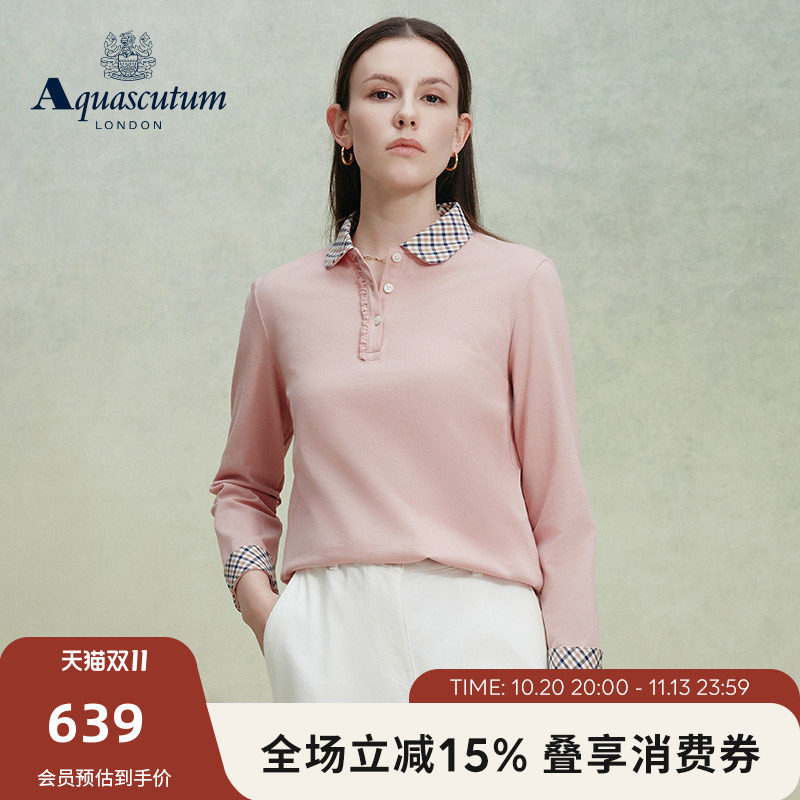 Aquascutum/雅格狮丹2026秋冬新女商务休闲格纹翻领纯棉长袖POLO