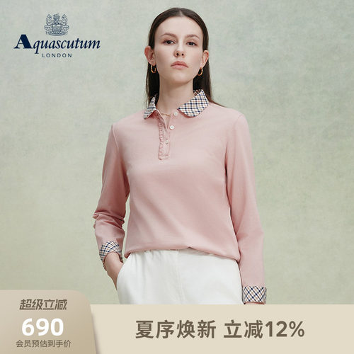 【100%棉】女格纹翻领长袖POLO