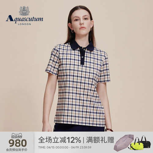 【100%棉】女格纹休闲短袖POLO衫