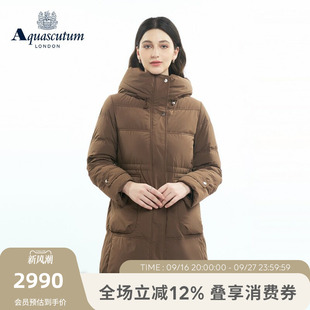 Aquascutum/雅格狮丹2026秋冬新品女士连帽修身收腰中长款羽绒服