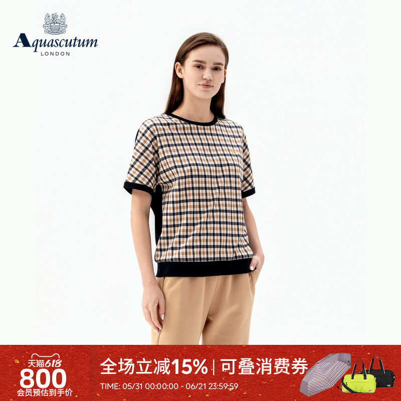 Aquascutum/雅格狮丹2026春夏新品女经典英伦纯棉格纹拼接短袖T恤