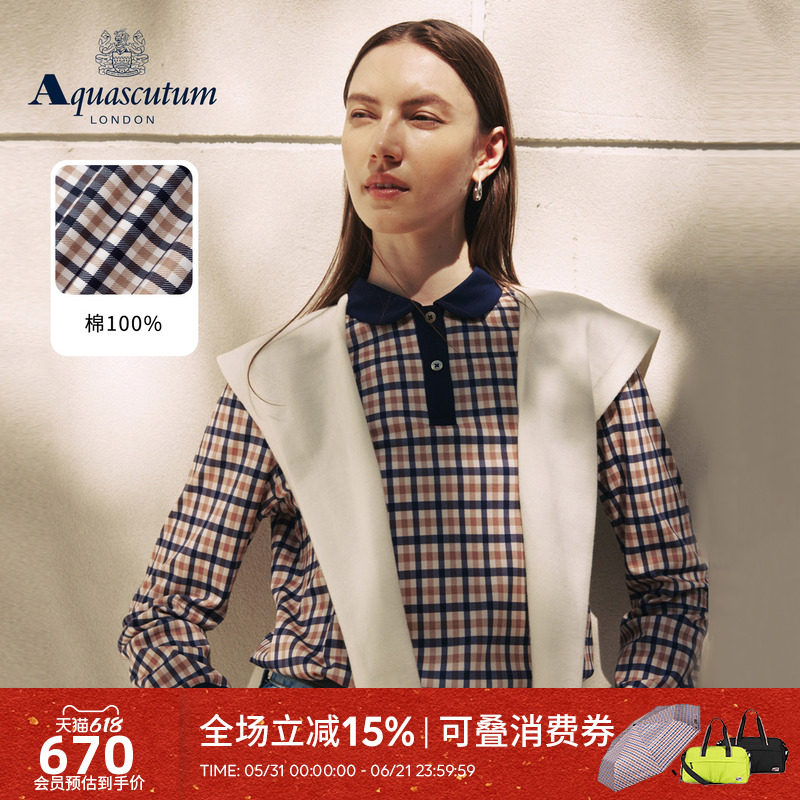 Aquascutum/雅格狮丹秋冬新品女英伦风纯棉长袖格纹翻领POLO气质