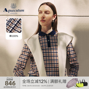 Aquascutum/雅格狮丹秋冬新品女英伦风纯棉长袖格纹翻领POLO气质