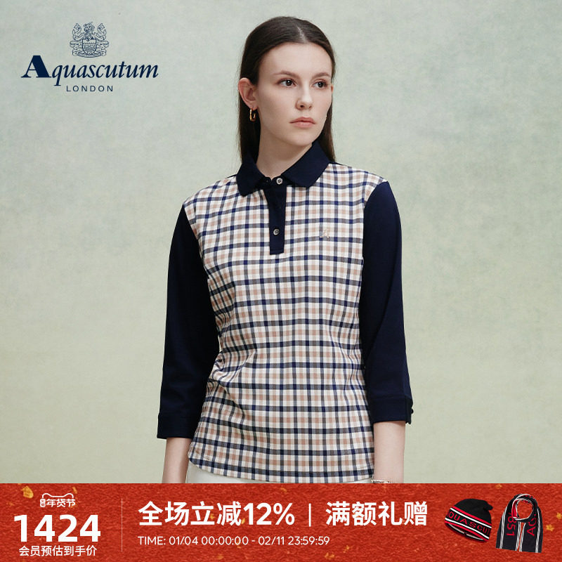 Aquascutum/雅格狮丹春夏新品女士纯棉商务七分袖格纹POLO衫气质,女装/女士精品,POLO衫,淘宝优惠券,粉丝福利购,淘宝优惠卷