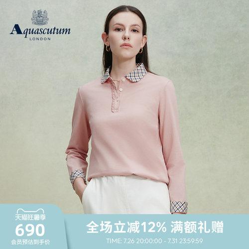 【100%棉】女格纹翻领长袖POLO