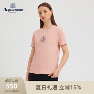 Aquascutum/雅格狮丹2026春夏新品女纯棉休闲百搭植绒印花短袖T恤
