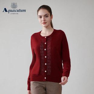 女深红格纹针织开衫 时尚 Q5067EL051 雅格狮丹秋冬新品 Aquascutum