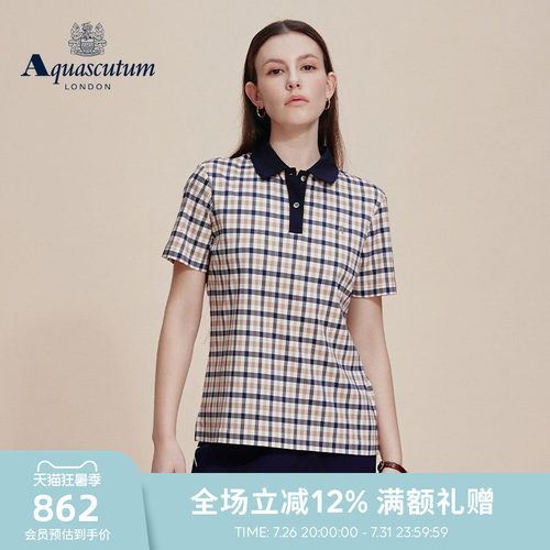 【100%棉】女格纹休闲短袖POLO衫