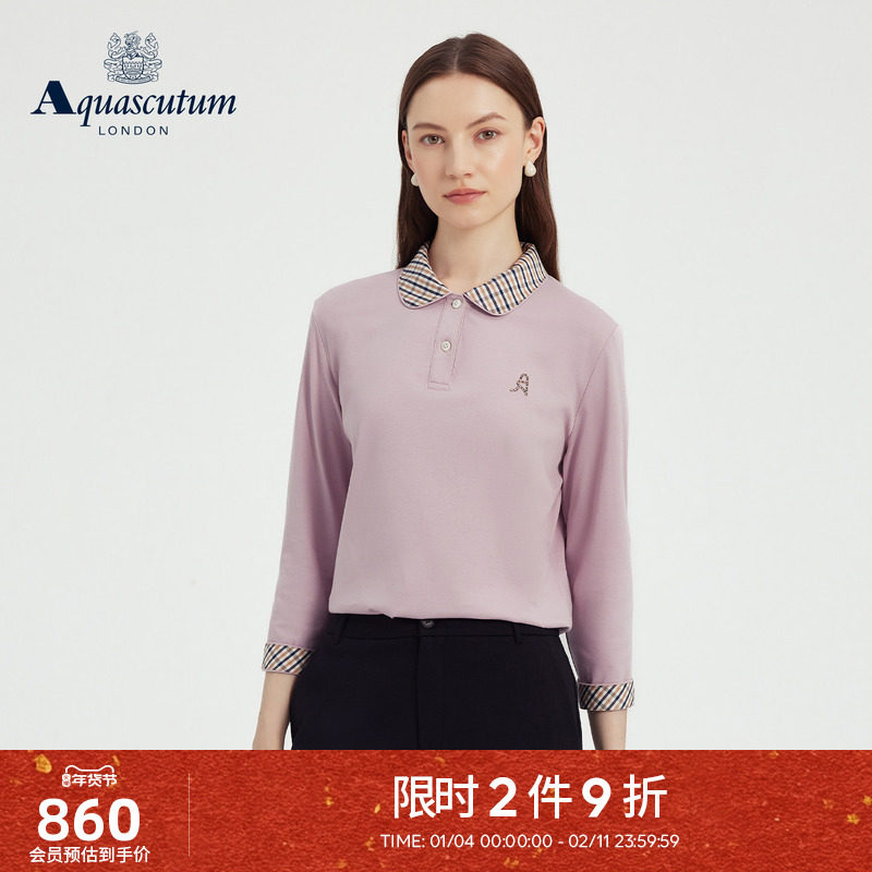Aquascutum/雅格狮丹秋冬新品女纯棉格纹圆领长袖商务POLO衫气质,女装/女士精品,POLO衫,淘宝优惠券,粉丝福利购,淘宝优惠卷