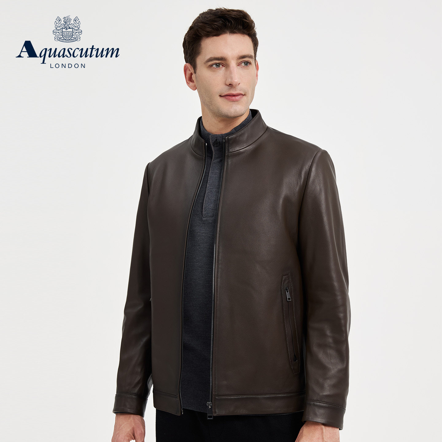 Aquascutum/雅格狮丹秋冬新品男时尚立领绵羊皮皮衣夹克外套通勤
