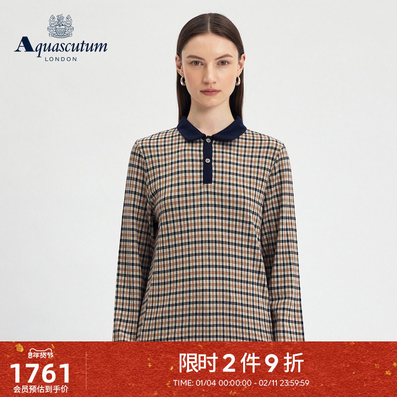 Aquascutum/雅格狮丹秋冬新品女士英伦风商务格纹长袖POLO衫气质,女装/女士精品,POLO衫,淘宝优惠券,粉丝福利购,淘宝优惠卷