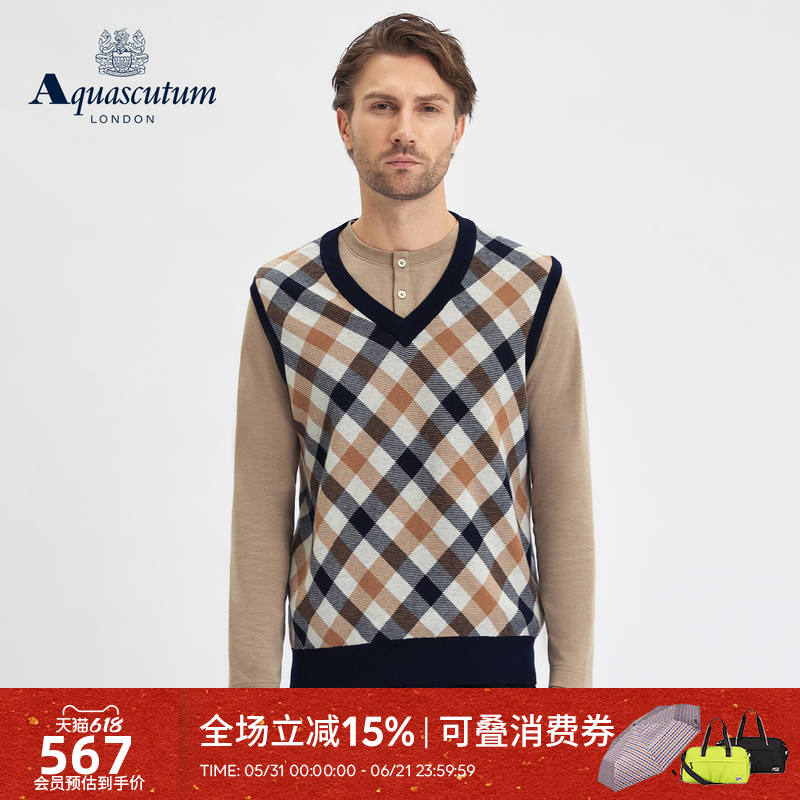 Aquascutum/雅格狮丹秋冬新品男羊毛混纺格纹无袖针织衫背心通勤