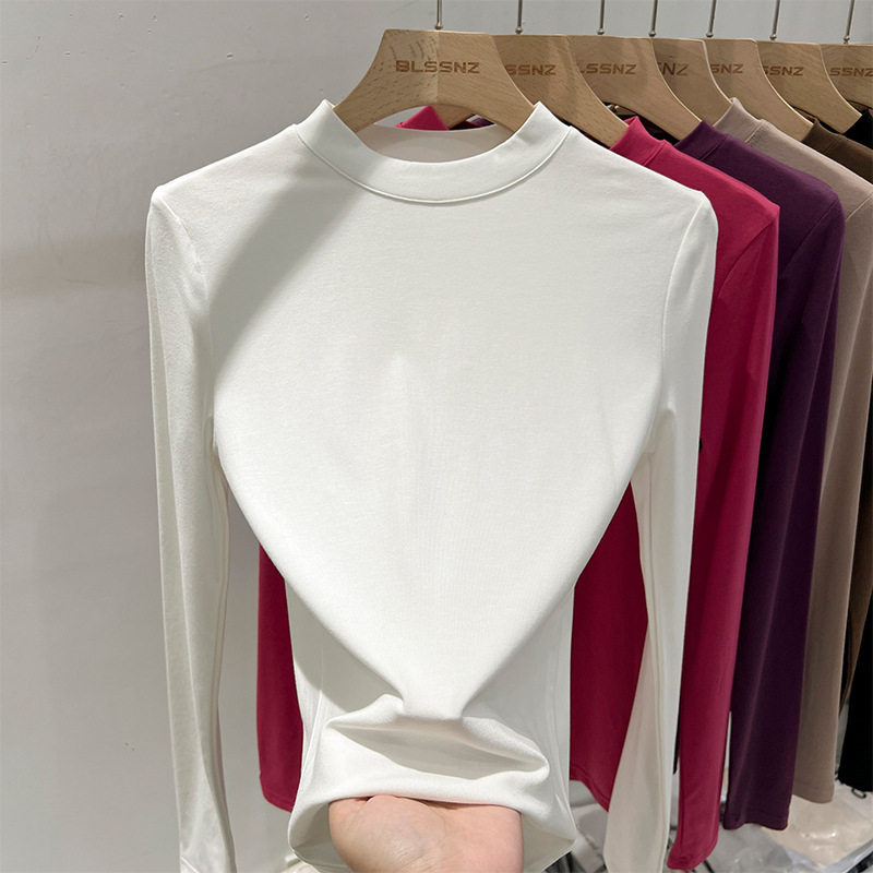 小立领白色纯棉长袖t恤女夏季修身显瘦打底衫女内搭洋气薄款上衣