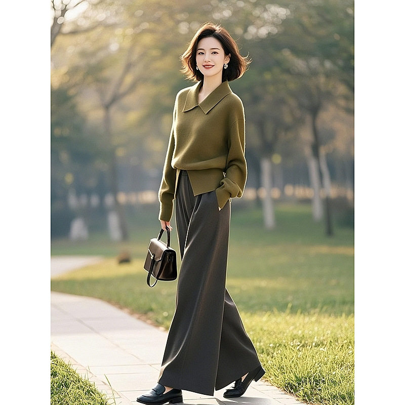 气质一整套穿搭小众不撞款独特漂亮绿色针织衫休闲裤子套装女早春