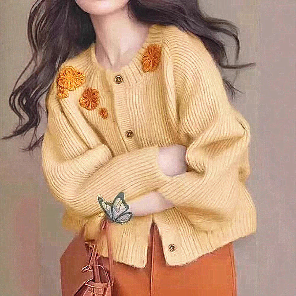 小香风刺绣花朵减龄针织开衫女