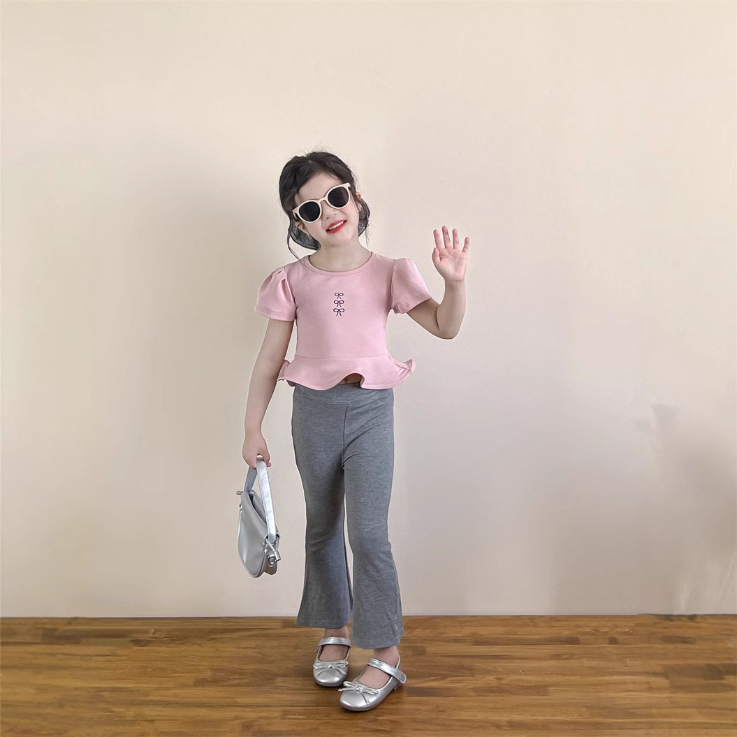 韩版女童套装2025夏季设计感荷叶边短袖上衣正肩T恤+灰色喇叭裤