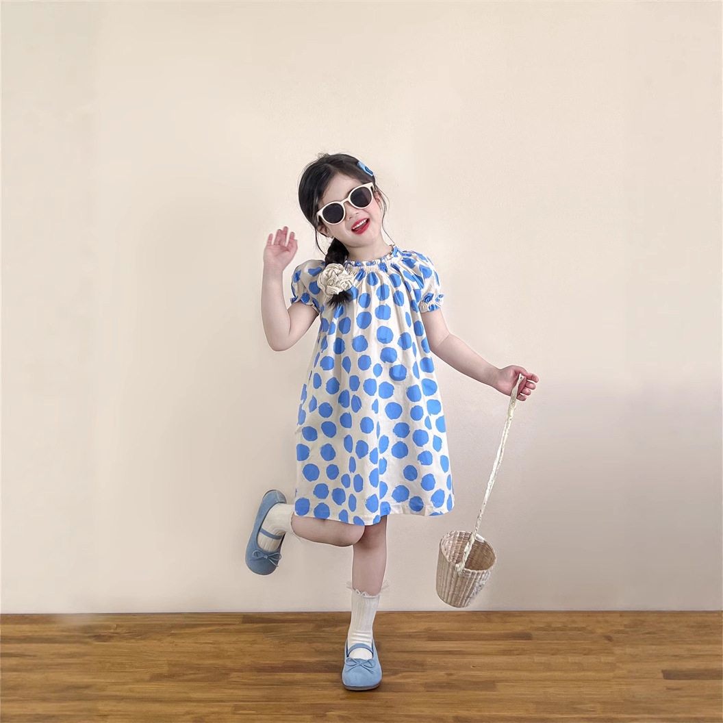 韩版女童连衣裙2025夏款裙子小清新蓝色不规则波点泡泡袖公主裙