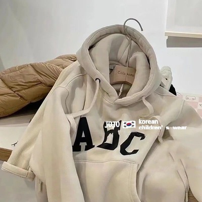 100纯棉男女童连帽卫衣加绒2022秋冬新款洋气宝宝休闲字母上衣潮