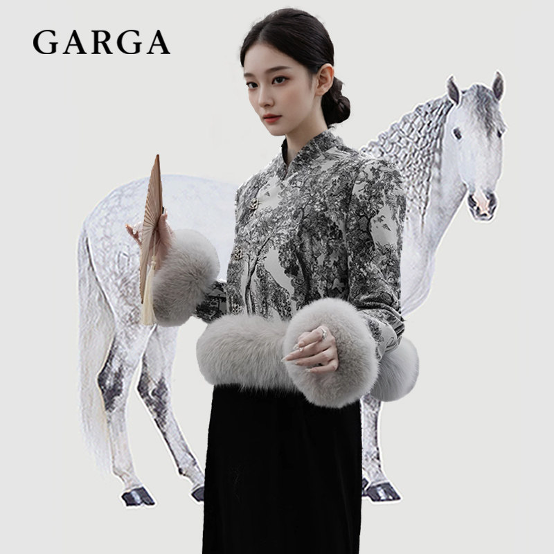 GARGA新中式国风水墨画短款羽绒服女冬拼接毛毛袖口立领保暖外套