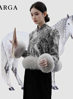 GARGA新中式国风水墨画短款羽绒服女冬拼接毛毛袖口立领保暖外套