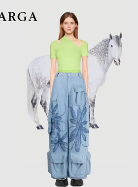 iu李知恩同款蓝色涂鸦印花工装牛仔裤女2025年新款多口袋阔腿长裤