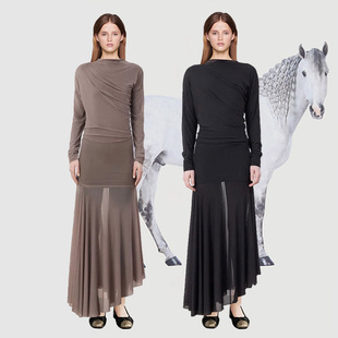 jennie同款 大摆裙长裙子 弹力双层薄纱连衣裙女气质不规则褶皱修身