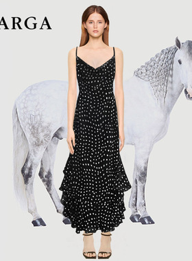 GARGA法式黑色性感v领波点吊带连衣裙女2025新款不规则荷叶边长裙