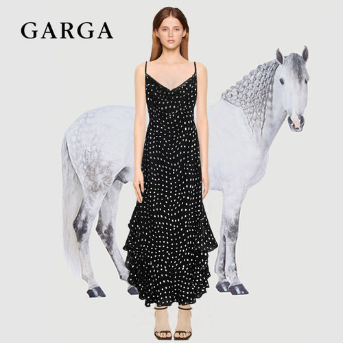 法式黑色性感v领波点吊带连衣裙