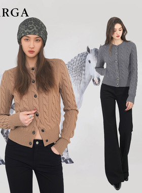 GARGA经典款羊毛羊绒麻花毛衣外套开衫女加厚圆领针织开襟衫上衣