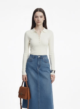 GARGA白色POLO领针织衫女套头修身收腰显瘦打底衫正肩长袖上衣春