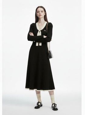 GARGA黑色V领长袖连衣裙女巨好看的初冬内搭高腰收腰气质针织长裙