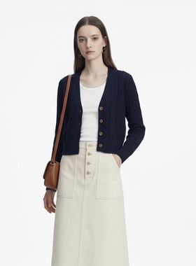 GARGA藏青色V领绞花针织开衫外套女短款长袖宽松复古纽扣毛衣上衣